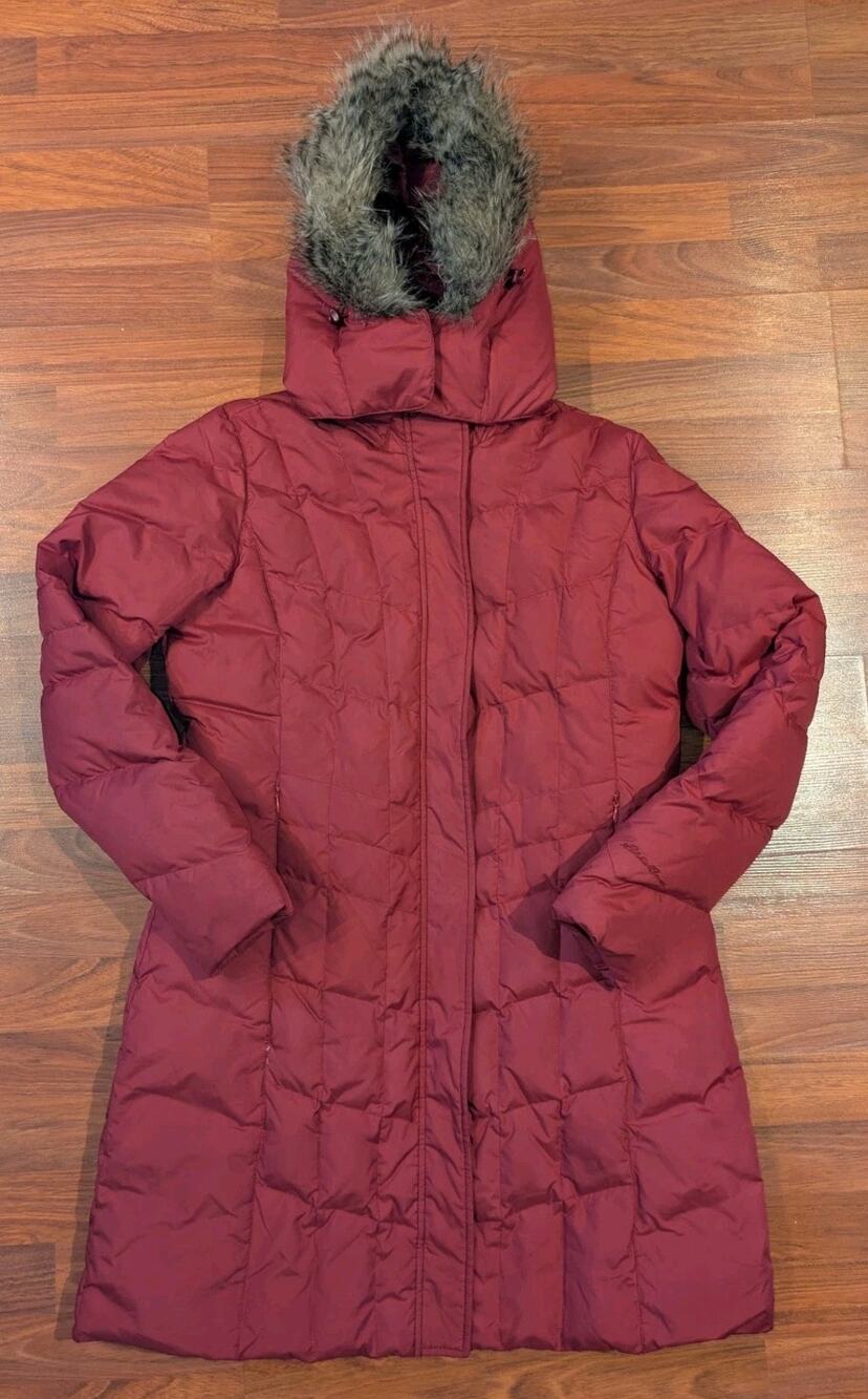 Eddie Bauer Womens L Goose Down Long Puffer Parka Burgundy Faux Fur Hood